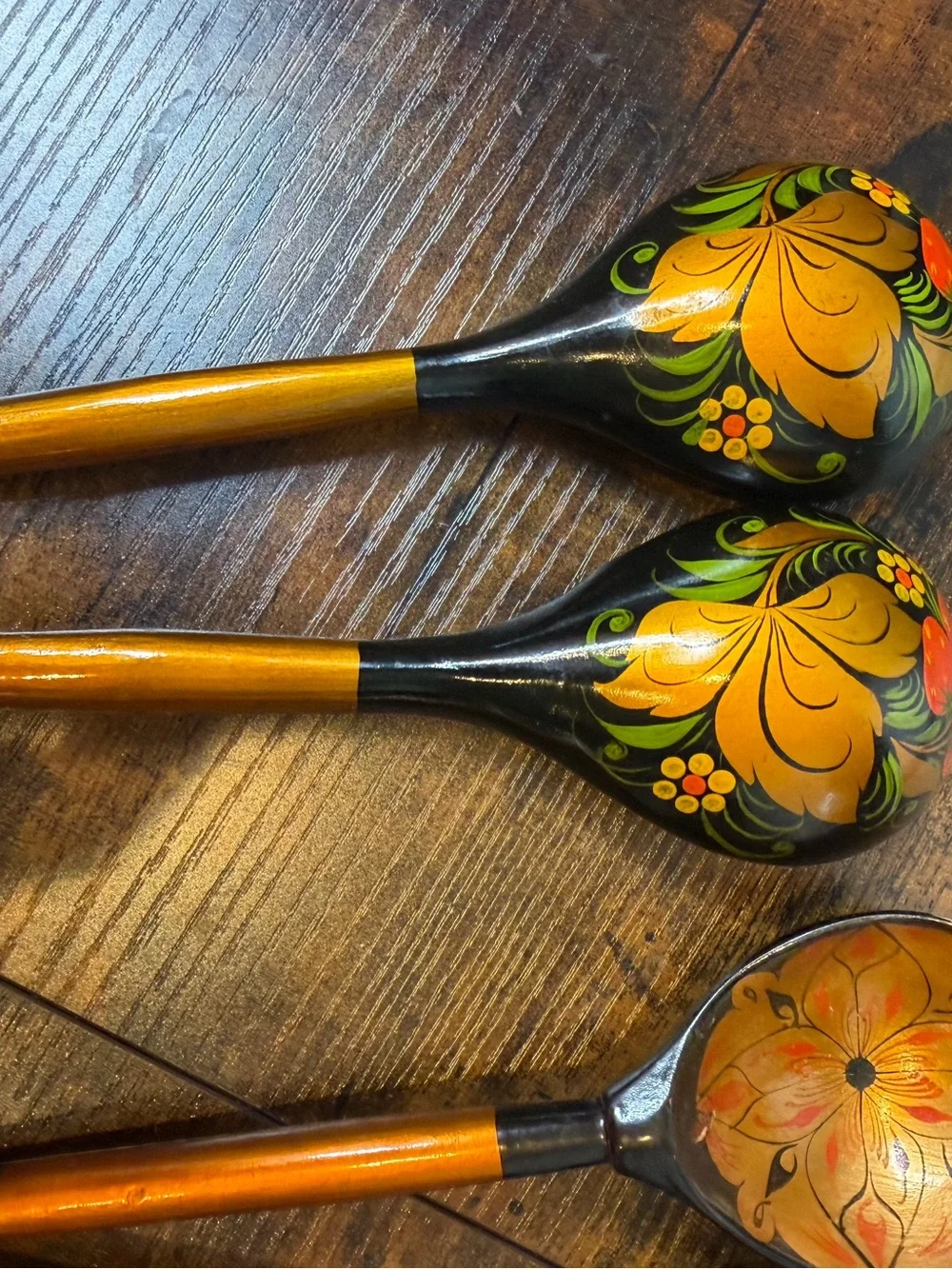 Hand-Painted Black and Gold Wooden Decorative Spoons Set of 5